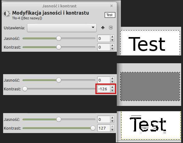 Trzy zrzuty ekranu z programu GIMP. Na pierwszym z nich widać tekst o treści 'Test', na drugim szary prostokąt i suwak kontrastu blisko minimum, na trzecim nieco postrzępiony tekst 'Test' i suwak kontrastu na maksimum.