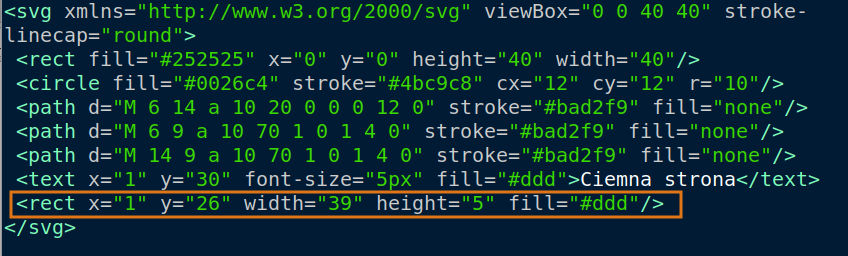 Treść pliku SVG składającego się z kilku linijek. Jedną z nich otacza pomarańczowa ramka.