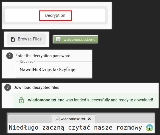 Seria zrzutów ekranu pokazujących różne elementy interfesu hat.sh, wybierane w trybie odszyfrowywania plików