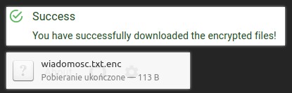 Zrzut ekranu pokazujący informację o skutecznym zaszyfrowaniu pliku. A pod spodem jego miniaturka, o nazwie 'wiadomosc.txt.enc'.