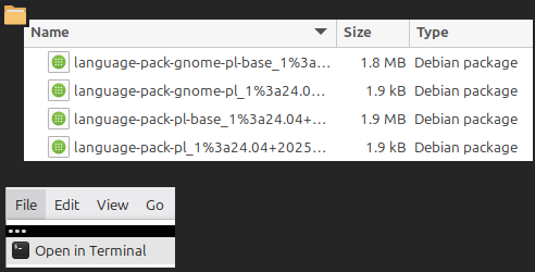 Kolaż pokazujący pliki DEB zebrane w jednym folderze oraz wybraną opcję otwarcia tego folderu w terminalu
