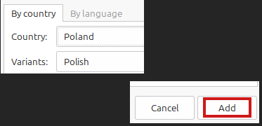 Kolaż pokazujący zaznaczony polski układ klawiatury i wyróżniony przycisk `Add`.
