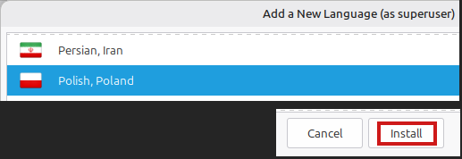 Kolaż pokazujący zaznaczony kafelek z językiem polskim oraz wyróżniony przycisk `Install'.