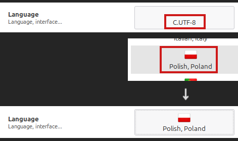 Kolaż pokazujący najpierw przycisk z literą C, następnie kafelek z językiem polskim wybrany z listy, a na koniec ten sam przycisk co na początku, już z napisem 'Język polski'.