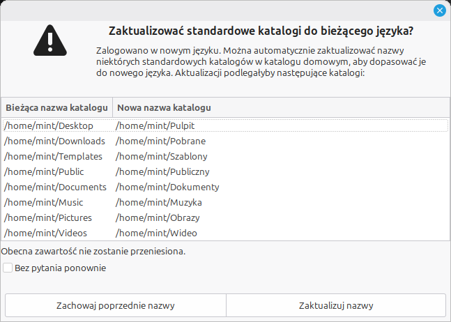Zrzut ekranu pokazujący informację o zmianie języka na polski i możliwości przetłumaczenia nazw głównych folderów