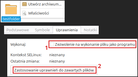 Kolaż pokazujący po kolei wejście w opcje folderu i wyłączenie wykonywalności wszystkich zawartych w nim plików