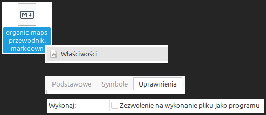 Kolaż pokazujący krok po krokuopcje, jake należy kliknąć, żeby wyłączyć wykonywalność konkretnego pliku