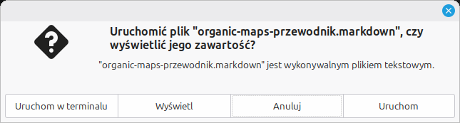 Zrzut ekranu komunikatu mówiącego: 'Uruchomić plik X czy wyświetlić jego zawartość? Plik X jest wykonywalnym plikiem tekstowym'.