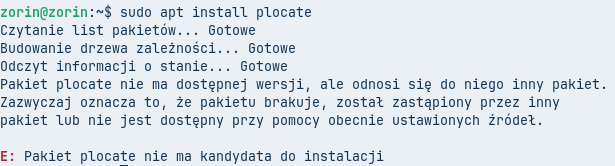 Komunikat w konsoli Zorina, mówiący że pakiet plocate nie ma kandydata do instalacji