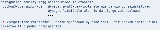Konsola na systemie Zorin. Ostatnia linijka mówi o niespełnionych zależnościach i doradza użycie pewnej komendy