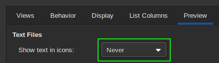 Zrzut ekranu pokazujący wyłączoną opcję podglądu tekstu wewnątrz programu Caja