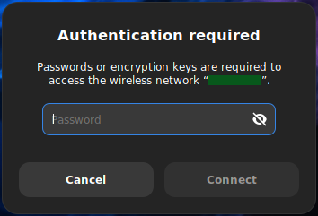 Zrzut ekranu pokazujący małe okno z prośbą o wpisanie hasła do Wi-Fi