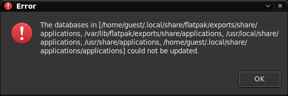 Zrzut ekranu pokazujące okno z informacjami o błędzie, oznaczone białym wykrzyknikiem na czerwonym tle. Tekst mówi, że nie udało się zaktualizować baz danych i wymienia ich możliwe lokalizacje