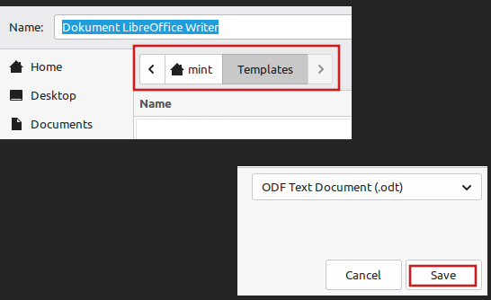 Zrzut ekranu pokazujący różne fragmenty okna zapisywania dokumentu przez program LibreOffice