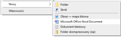 Zrzut ekranu pokazujący fragment menu kontekstowego z Windowsa 10 i opcję stworzenia różnych rodzajów pliku: tekstowego, mapy bitowej, archiwum ZIP oraz dokumentu programu Word
