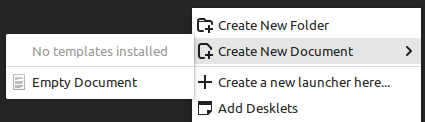 Zrzut ekranu pokazujący fragment menu kontekstowego na systemie Mint Cinnamon. Widać opcję stworzenia pliku tekstowego oraz szary tekst informujący o braku szablonów
