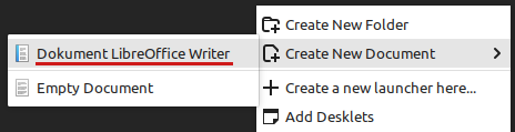 Zrzut ekranu ze zmienionym menu kontekstowym z Minta, zawierającym opcję stworzenia dokumentu LibreOffice'a.