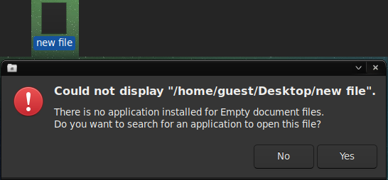 Koomunikat o błędzie mówiący, że system nie ma programu do otwierania pustych plików.