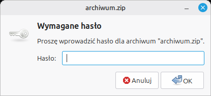 Zrzut ekranu pokazujący okno proszące o podanie hasła do pliku ZIP