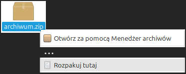 Zrzut ekranu pokazujący fragment rozwijanego menu po kliknięciu na plik ZIP. Widać tam opcję rozpakowania plików
