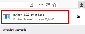 Rozwinięta zakładka z pobranymi plikami w przeglądarce Firefox. Wyróżniono nazwę pobranego pliku exe, w którą należy kliknąć.