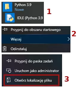 Pasek z opcjami systemu Windows. Widać rozwiniętą zakładkę o nazwie Python, pod nią zakreśloną opcję 'Więcej', a na końcu zakreśloną opcję 'Otwórz lokalizację pliku'.