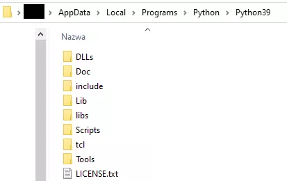 Fragment okna programu Eksplorator Windows. Widać tutaj listę podfolderów i plików znajdujących się w folderze o nazwie Python.