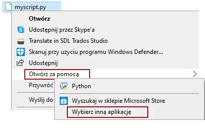 Kolaż złożony z trzech przyciętych zrzutów ekranu. Pierwszy pokazuje samą nazwę pliku, drugi to rozwijane menu z zaznaczoną opcją 'Otwórz za pomocą' a trzeci to zaznaczona opcja 'Wybierz inną aplikację'.