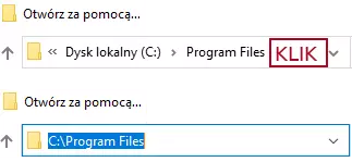 Pasek górny Eksploratora Plików systemu Windows, pokazany w dwóch wariantach. U góry mamy ścieżkę jako ciąg folderów połączonych strzałkami, a po prawej stronie nałożono czerwonymi literami napis KLIK. U dołu w tym samym pasku mamy już ścieżkę jako tekst, połączoną ukośnikami i zaznaczoną kolorem niebieskim.