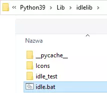Fragment okna Eksploratora Plików, pokazujący że aktualna ścieżka to folder idlelib w folderze Python. Pod spodem widać listę plików, jeden pod drugim. Zaznaczony jest plik idle.bat