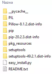 Wnętrze folderu site packages, pokazujące pliki oraz foldery domyślnie tam umieszczone przez Pythona.