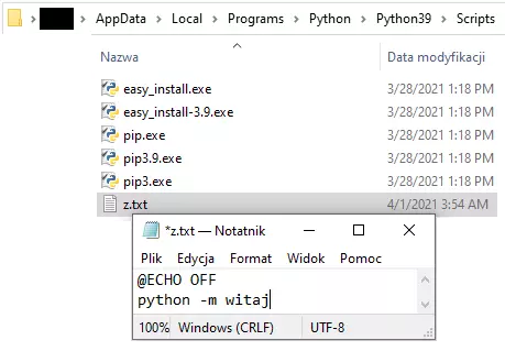 Kolaż z trzech okien Windowsa. U góry widać pełną ścieżkę do folderu Scripts, poniżej jego zawartość z jednym dodanym plikiem 'z.txt'. Na samym dole znajduje się okno pokazujące plik z.txt otwarty w Notatniku, z podanym wyżej tekstem.