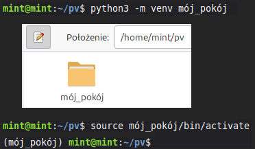 Kolaż ze zrzutów ekranu, pokazujący wpisane w konsoli polecenie tworzące środowisko, następnie wygląd stworzonego folderu, potem polecenie aktywujące środowisko, a na koniec wygląd pola konsoli po jego aktywacji.