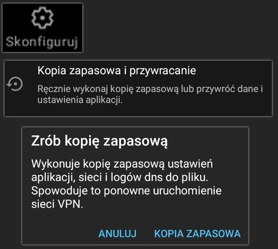 Trzy fragmenty zrzutów ekranu pokazujące po kolei, jak wyeksportować dane z apki Rethink DNS