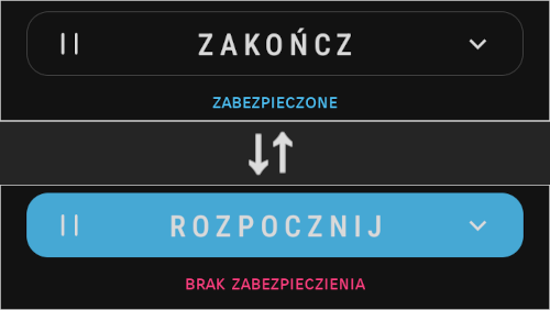 Zrzut ekranu pokazujący wygląd przycisku głównego apki RethinkDNS, w trybie włączonym i wyłączonym.