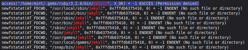 Kilka linijek z konsoli, w których wyróżniono słowo 'jekyll'. Widać, że to próby otwierania plików pod kilkoma różnymi ścieżkami.