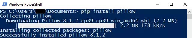 Zrzut ekranu z Powershella. U góry widać wpisaną komendę 'pip install pillow', poniżej biały pasek postępu wypełniony w całości, a na samym dole linijkę tekstu 'Successfully installed pillow'.