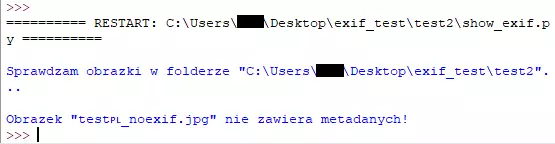 Zrzut ekranu z IDLE. Widać komunikaty, napisane niebieskimi literami i mówiące 'Sprawdzam obrazki' oraz że obrazek nie zawiera metadanych.