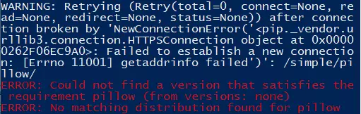 Zrzut ekranu z PowerShella, pokazujący długi komunikat o błędzie w połączeniu i mówiący, że nie znaleziono odpowiedniej wersji modułu pillow