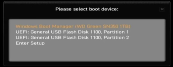 Inne przykładowe menu uruchamiania, pokazujące pojedynczą pamięć USB jako dwie osobne pozycje na liście