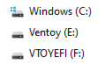 Zrzut ekranu z eksploratora Windowsa, pokazujący Ventoya jako dwie osobne pamięci USB