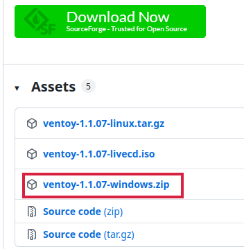 Zrzut ekranu pokazujący listę dostępnych plików z wizytówki Ventoya na Githubie. Wyróżniony jest plik dla systemu Windows.