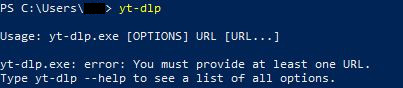 Okno konsoli z wpisanym tekstem 'youtube-dl'. Pod spodem widać informację, że trzeba podać co najmniej jeden adres uRL.